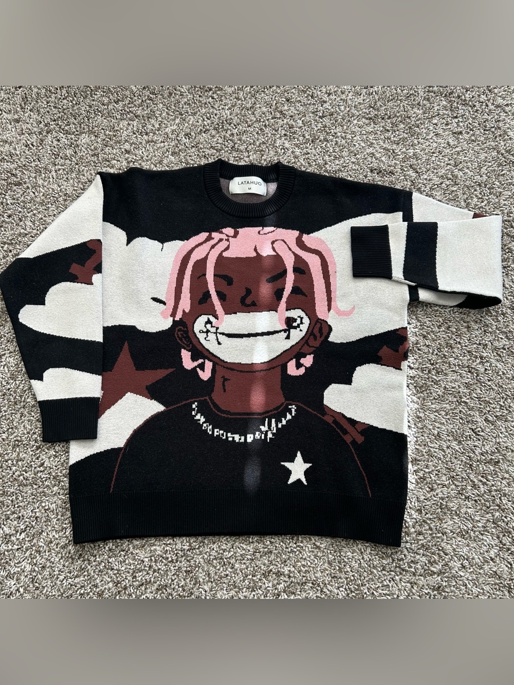 LATAHUO STREETWEAR Y2K HIP HOP GRAPHIC KNIT SWEATER BLACK SIZE M JACQUARD